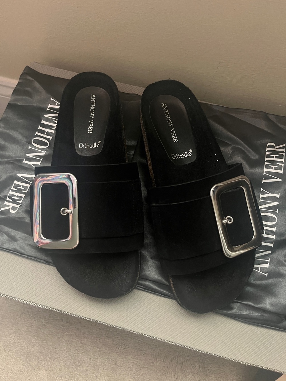 Anthony Veer Black Suede Slide Mules with Silver Buckle